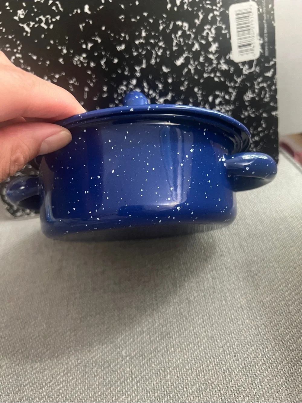 BISA Miniature Blue & White Spatter Enamelware Stock Pot with a lid